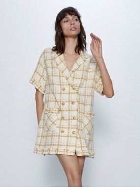 ZARA Chanel-like Cream & yellow Plaid Tweed Double-Breasted Short Sleeve dress